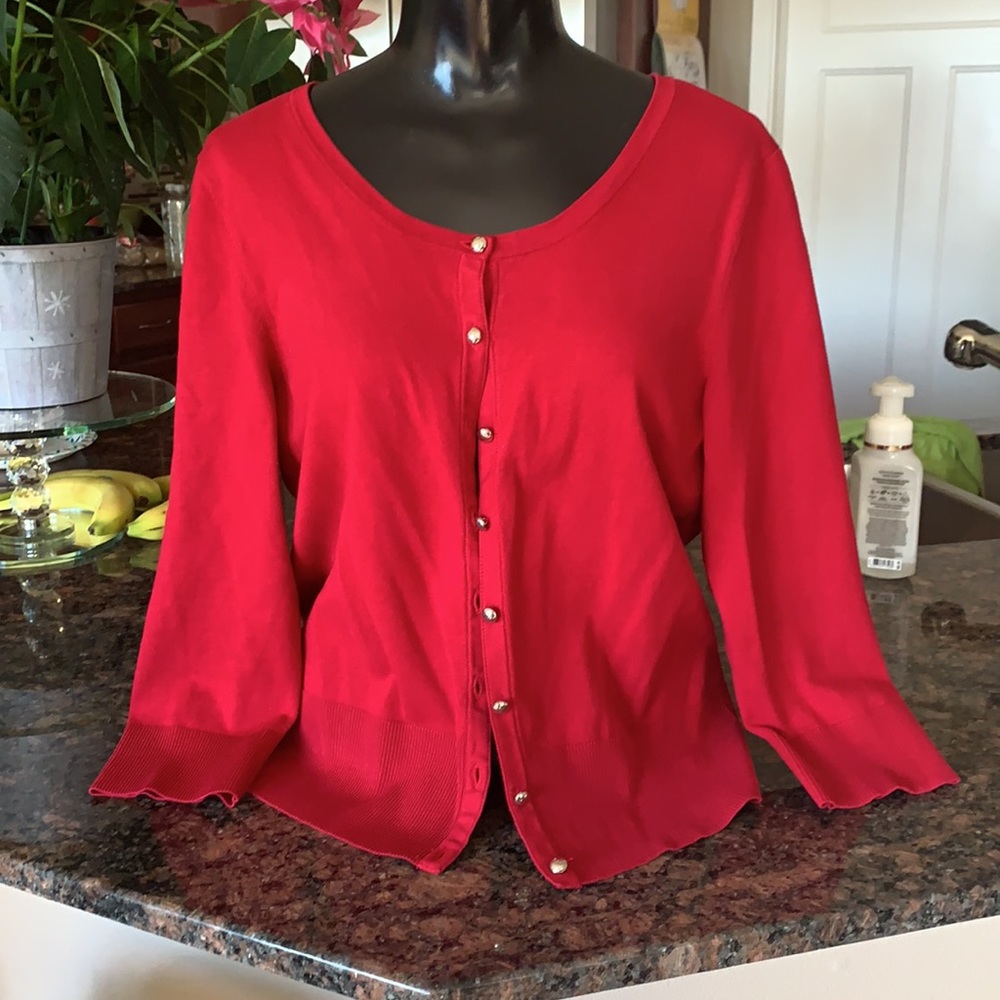 WHBM Silk Blend Cardigan Sweater L Red Silver Classic Spring Lightweight